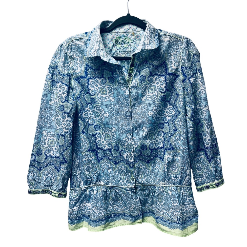 Robert Graham Top M Paisley Shirred Peplum Cotton Artsy Boho Preppy Designer